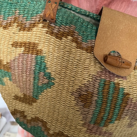 Sisal Large Tote Market Bag Basket Woven Leather Handles Fish Pattern Green Tan - Picture 6 of 10